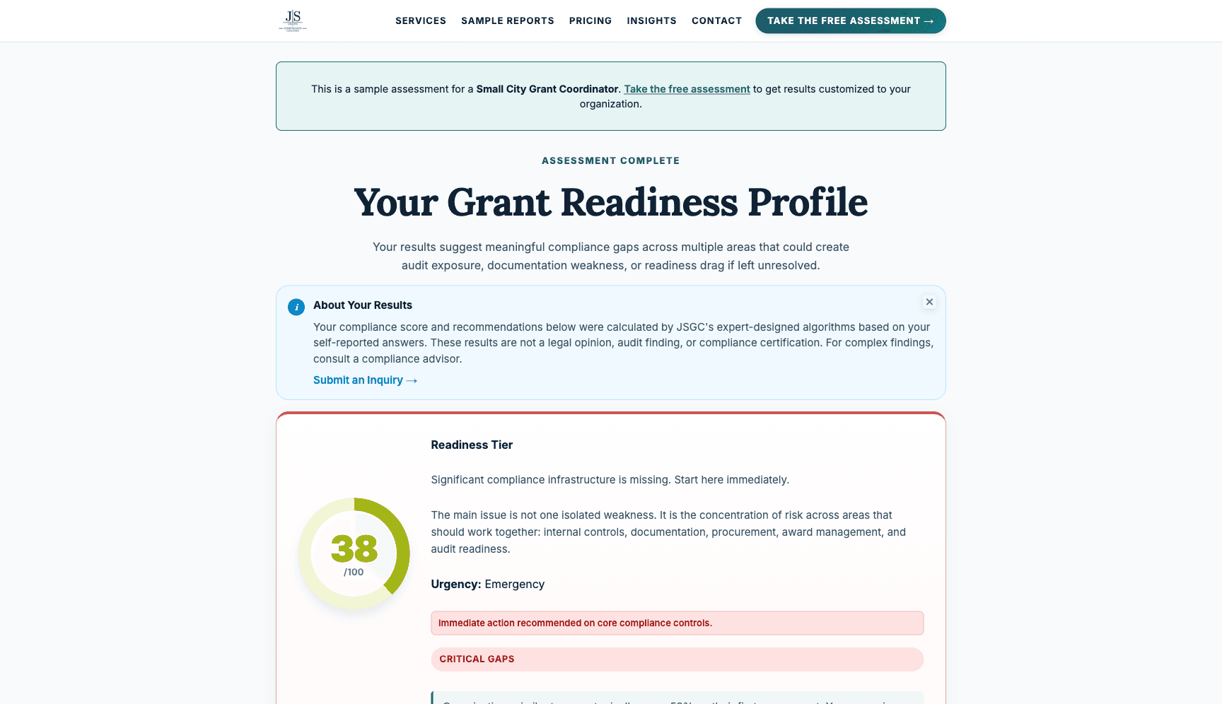 Assessment results page showing the Grant Readiness Score ring, readiness tier classification, and personalized compliance analysis